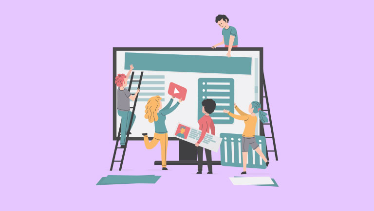 a team of illustrated people working together to put a website together that links to a youtube page